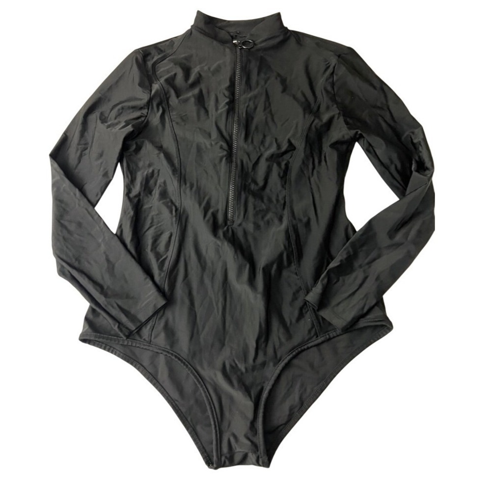 LYRA Swim Rash Guard Bodysuit Women Size Medium Black Long Sleeve Zip Front